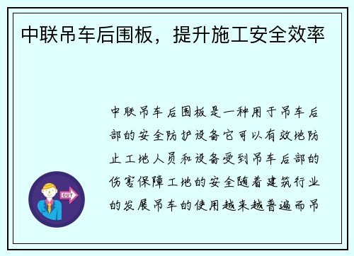 中联吊车后围板，提升施工安全效率